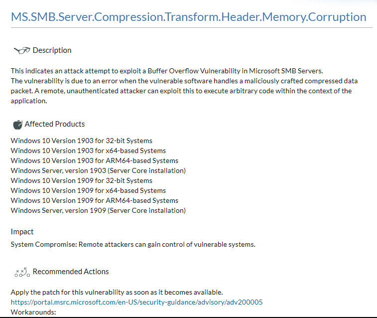 blackorbird's tweet photo. #SMB #Worm??
The vulnerability is due to an error when the vulnerable software handles a maliciously crafted compressed data packet. 
Attacker can remote exploit(CVE-2020-0796) this to execute arbitrary code. 
ref:
https://t.co/0Y5pxfkfVw
pdate or disable:
https://t.co/6K24i4c0mQ https://t.co/PoDzTN4bau