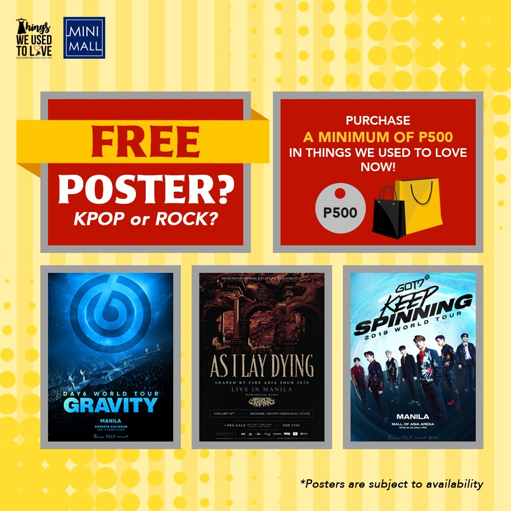 Saan aabot ang 500 pesos mo? Grab this chance to get a FREE KPOP/rock concert poster when you shop for discounted branded clothes!

Purchase a single receipt minimum of PHP500, and you can already avail a FREE KPOP/rock show poster! 

#TWUTLPH #PreLovedItems #ThingsWeUsedToLove