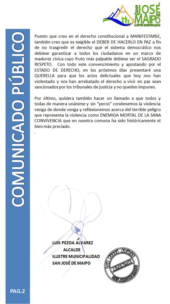 MuniSJdeMaipo's tweet photo. INFÓRMATE con el “Comunicado Público” acerca de los lamentables hechos de violencia acontecidos el día de hoy en nuestro municipio. https://t.co/UeYJ53Tccx