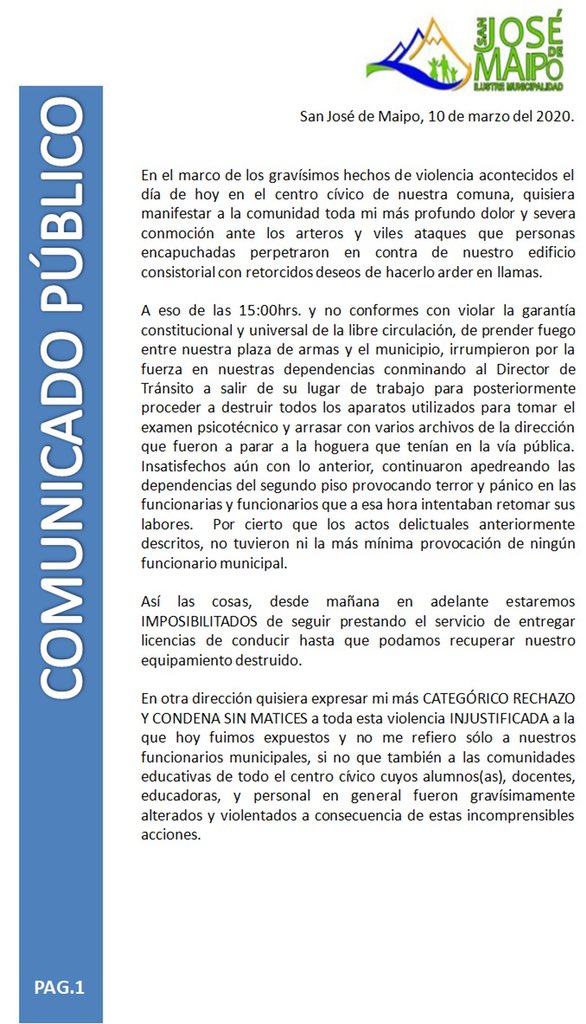 MuniSJdeMaipo's tweet photo. INFÓRMATE con el “Comunicado Público” acerca de los lamentables hechos de violencia acontecidos el día de hoy en nuestro municipio. https://t.co/UeYJ53Tccx