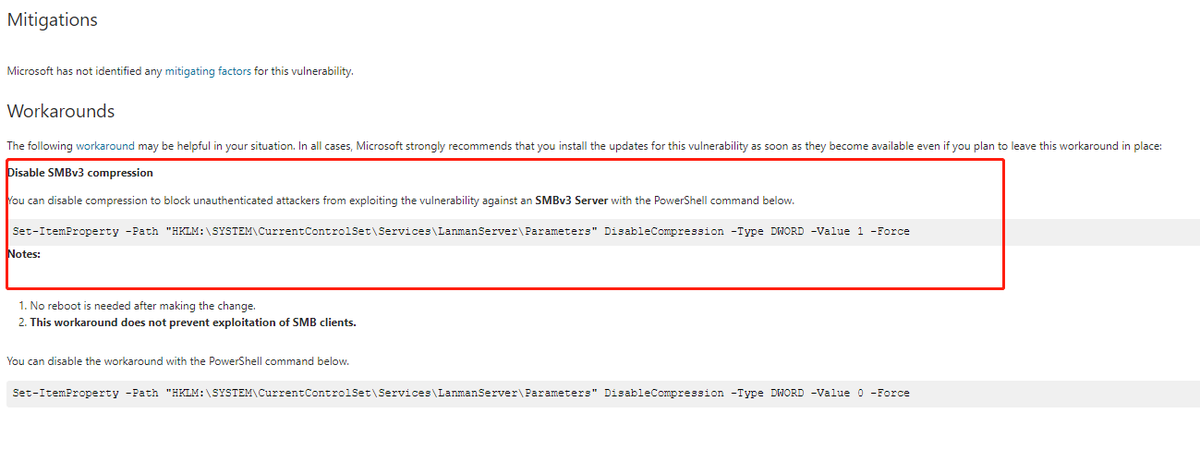 blackorbird's tweet photo. #SMB #Worm??
The vulnerability is due to an error when the vulnerable software handles a maliciously crafted compressed data packet. 
Attacker can remote exploit(CVE-2020-0796) this to execute arbitrary code. 
ref:
https://t.co/0Y5pxfkfVw
pdate or disable:
https://t.co/6K24i4c0mQ https://t.co/PoDzTN4bau