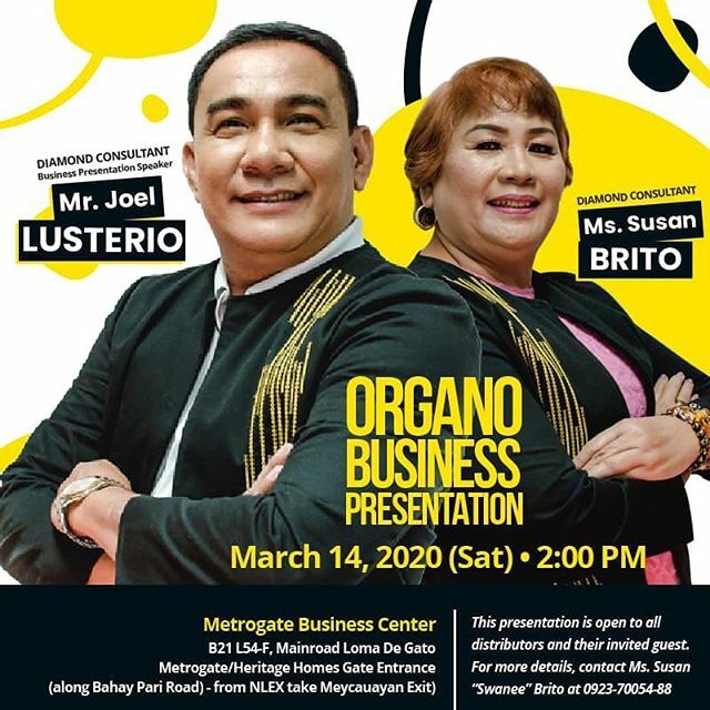 OGpilipinas's tweet photo. #ORGANO BUSINESS PRESENTATION 
14 March 2020 Saturday, 2:00pm
Marilao Business Center B21 L54-F, Metrogate Ph1, Mainroad Loma De Gato, Metrogate/Heritage Homes Gate Entrance, (along Bahay Pari Road) From NLEX take 
Meycauayan Exit

Speakers: 
Joel Luster… https://t.co/Z1f1nwkL4L https://t.co/XG4YmFOvlt