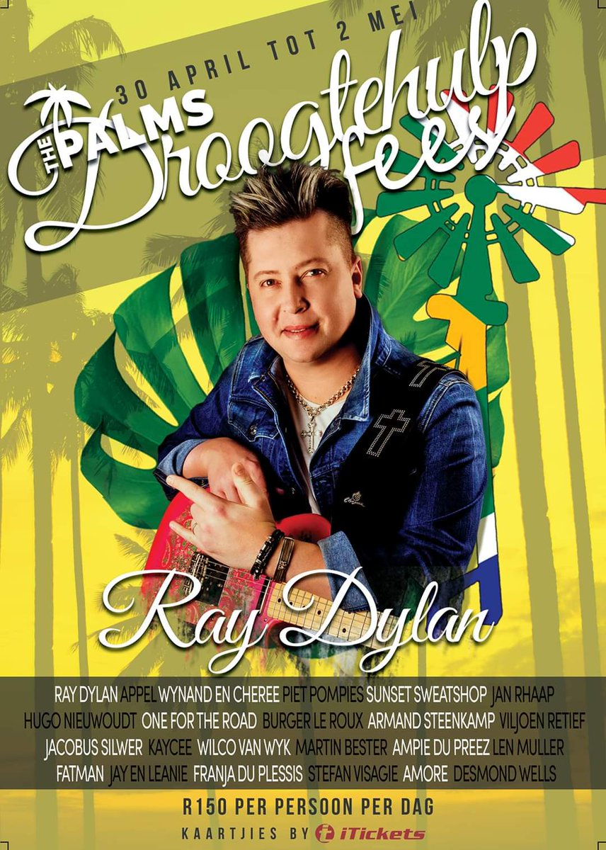 #DroogtehulpFees by The Palms Brackenfell 30 April tot 2 Mei 🎤🎶
Kaartjies beskikbaar by <a href="/iTicketsSA/">iTickets.co.za</a> 
<a href="/LennieMuller/">Len Muller</a> <a href="/Franjadp/">Franja du Plessis</a> <a href="/AppelPatriot/">Appel</a> <a href="/HugoNsing/">Hugo Nieuwoudt</a> <a href="/Jay_du_Plessis/">🎼(J) (A) (Y)🎤</a> @LianieMay <a href="/chereestrydom/">cheree</a> <a href="/raydylanrocks/">Ray Dylan</a> <a href="/SunsetSweatshop/">Sunset Sweatshop</a> <a href="/desmondwellssa/">Desmond Wells</a> <a href="/Ampie007/">Ampie</a> <a href="/fatman_brummer/">Fatman Brümmer</a> en meer🎤🎶