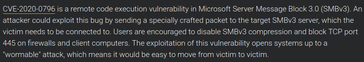matthieugarin's tweet photo. 🚨 #Ouch... Annonce d'une vuln critique sur #SMBv3 ⚠️ Aucun patch dispo #SMBGhost https://t.co/pSbBGZfyqB

🔘 Wormable : le spectre de NotPetya et Wannacry rôde... 💣
🔘 Concerne Windows 10 et Server v1903/1909 💻
🔘 Désactiver compression SMBv3 et bloquer port 445 🔊 #ASuivre https://t.co/HYftJ5SZrW