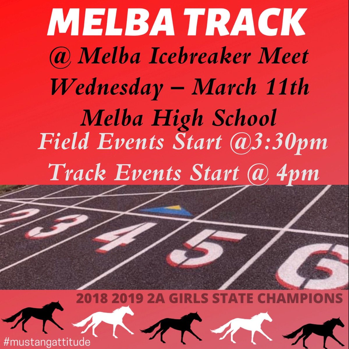 MelbaMustangs's tweet photo. Melba HS Track
Melba Ice Breaker
Wednesday - March 11th 
@ Melba High School
Go Mustangs!
#Mustangattitude https://t.co/fAbHEXzD4s