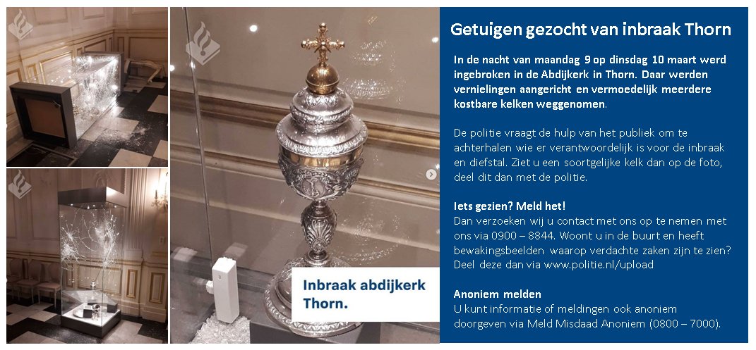 DELEN SVP: In de nacht van maandag 9 op dinsdag 10 maart werd ingebroken in de Abdijkerk in #Thorn.