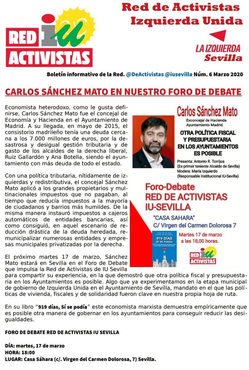 DeActivistas's tweet photo. .@carlossmato Carlos Sánchez Mato participa en nuestro #ForoDeDebate el próximo martes, 17 de marzo, para explicar una experiencia que algunos creían imposible. Autor de la reducción de la deuda brutal que la derecha dejó en @MADRID #SíSePodía como también hicimos en #Sevilla https://t.co/JL1vJgVQjR