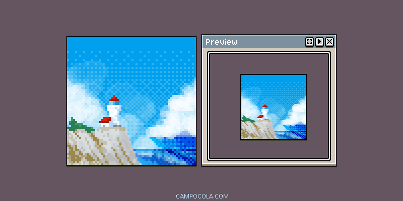 CampoCola's tweet photo. Lighthouse by the sea #pixelart #lighthouse #bluesky #stromcloud #waves #aseprite https://t.co/GaznsrYCjG