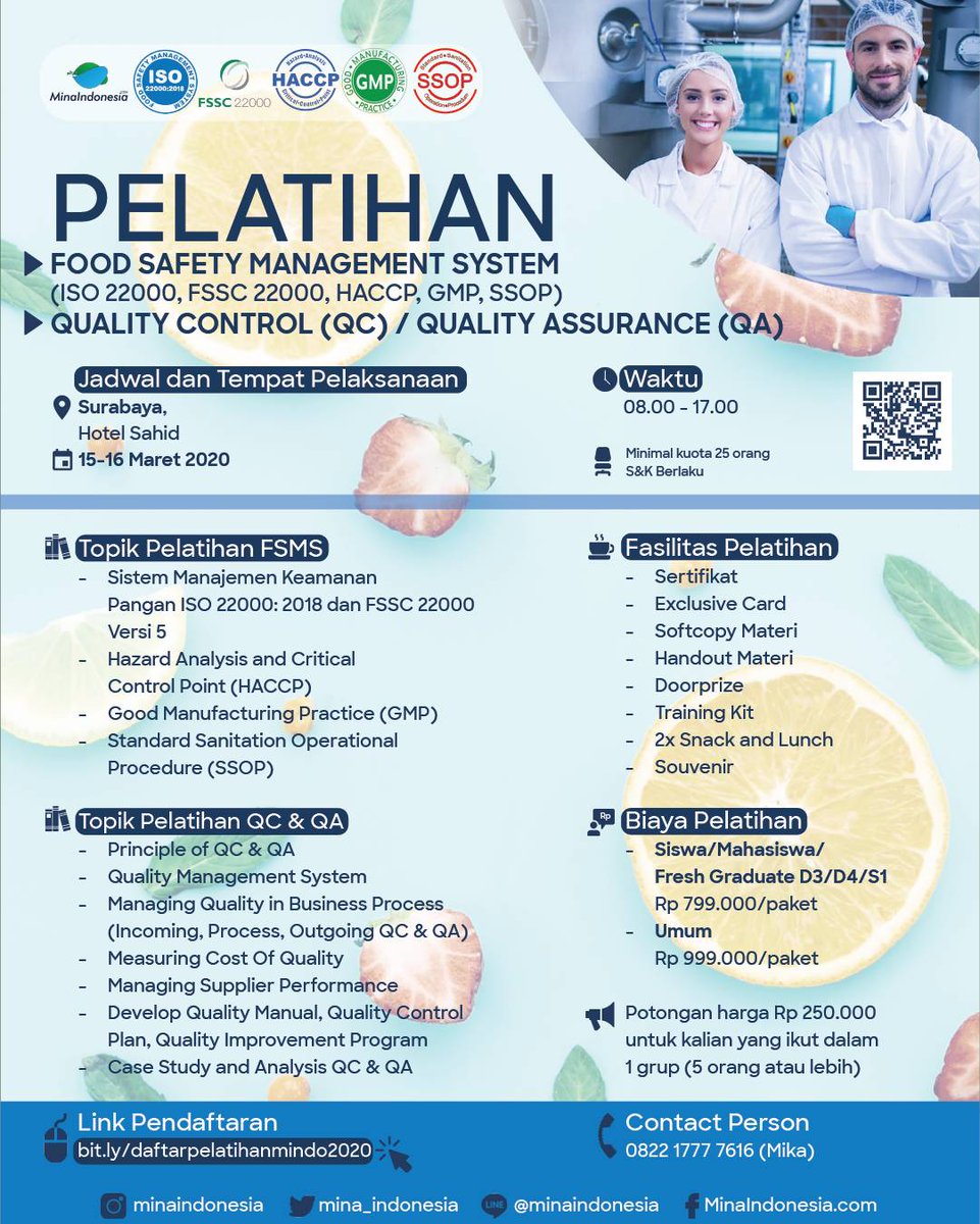 hai_unair's tweet photo. PELATIHAN HACCP, Quality Control &amp; K3 | 14 &amp; 15 Maret 2020, Hotel Sahid Surabaya | Daftar sekarang di https://t.co/dY9mL6icWq | CP : 0822 1777 7616 (MIKA) https://t.co/J9J3ivmuUn