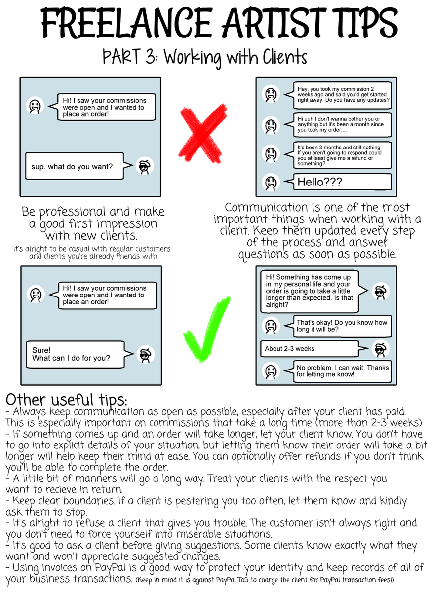 Hime_Takamura's tweet photo. After my tips for commissioning tweet popped off, I got a few people asking for the flip side, so here's some tips for freelance artists taking commissions. https://t.co/jNH4pQFb4a