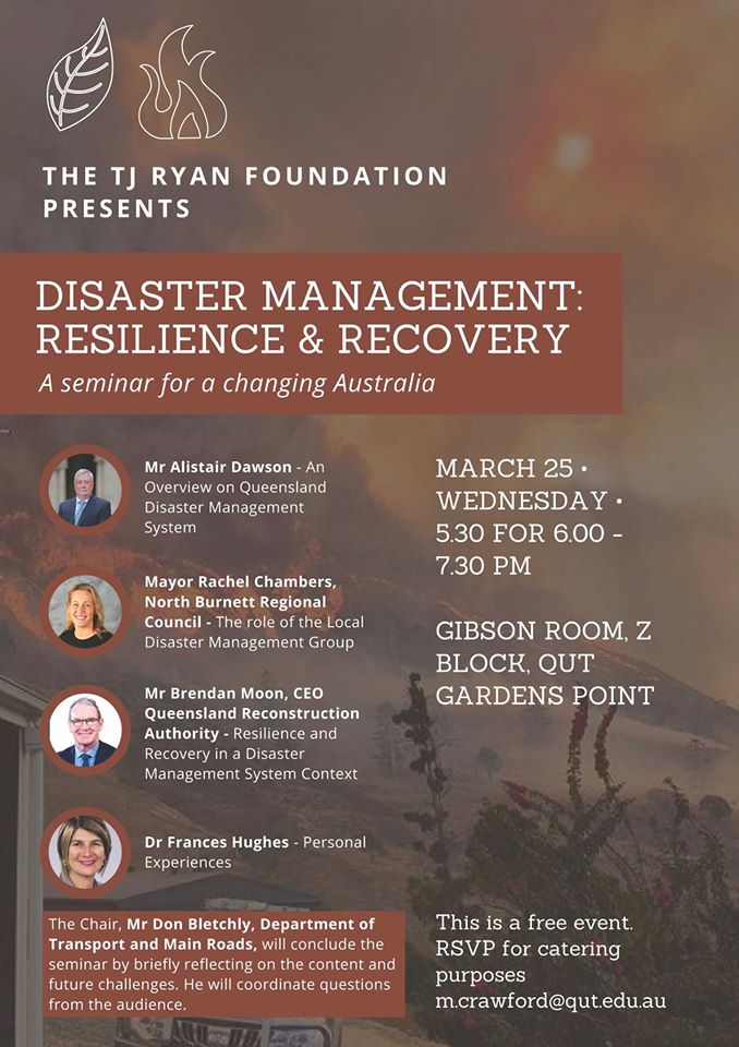 EVENT: On Wed. 25 March we will host 'Disaster Management: Resilience and Recovery'. The seminar will feature a distinguished panel of government representatives and health experts, addressing Queensland's capabilities in responding to increasingly destructive natural disasters.
