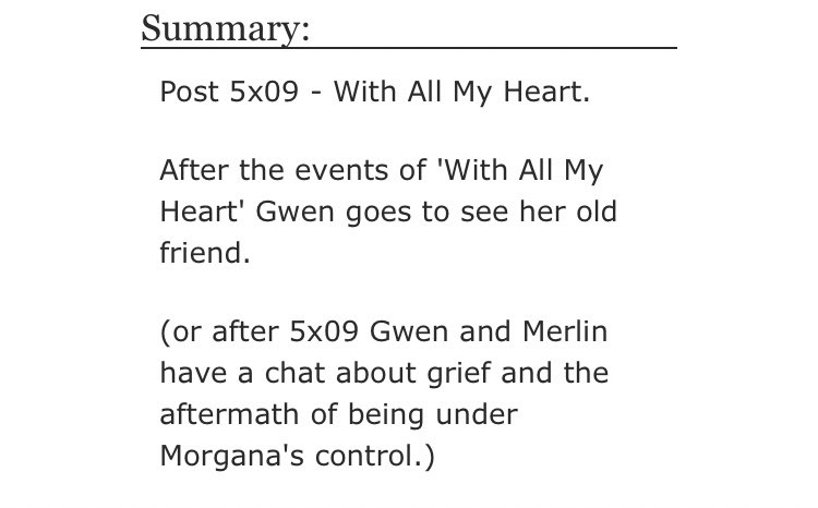 • Sitting in the Window by mollrach13   - merlin & gwen  - Rated G  - canon era  - 1495 words https://archiveofourown.org/works/15603375 