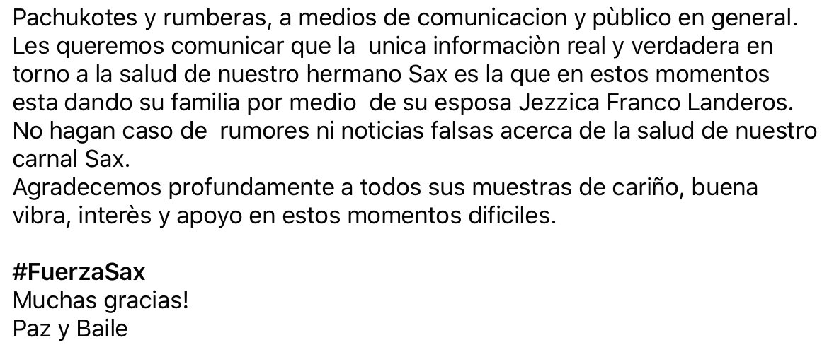 MalditaVecindad's tweet photo. Noticia importante acerca de la salud de Sax.
#FuerzaSax https://t.co/6A35ATkq2e