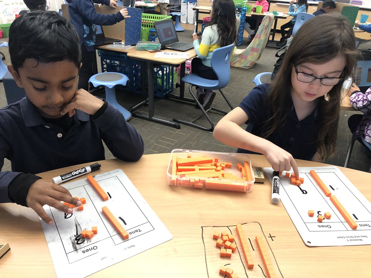 TeachWeiner's tweet photo. First graders hard at work modeling two digit addition #FirstGrade #Regrouping #WCSExcellence https://t.co/ly1yCNgC9p