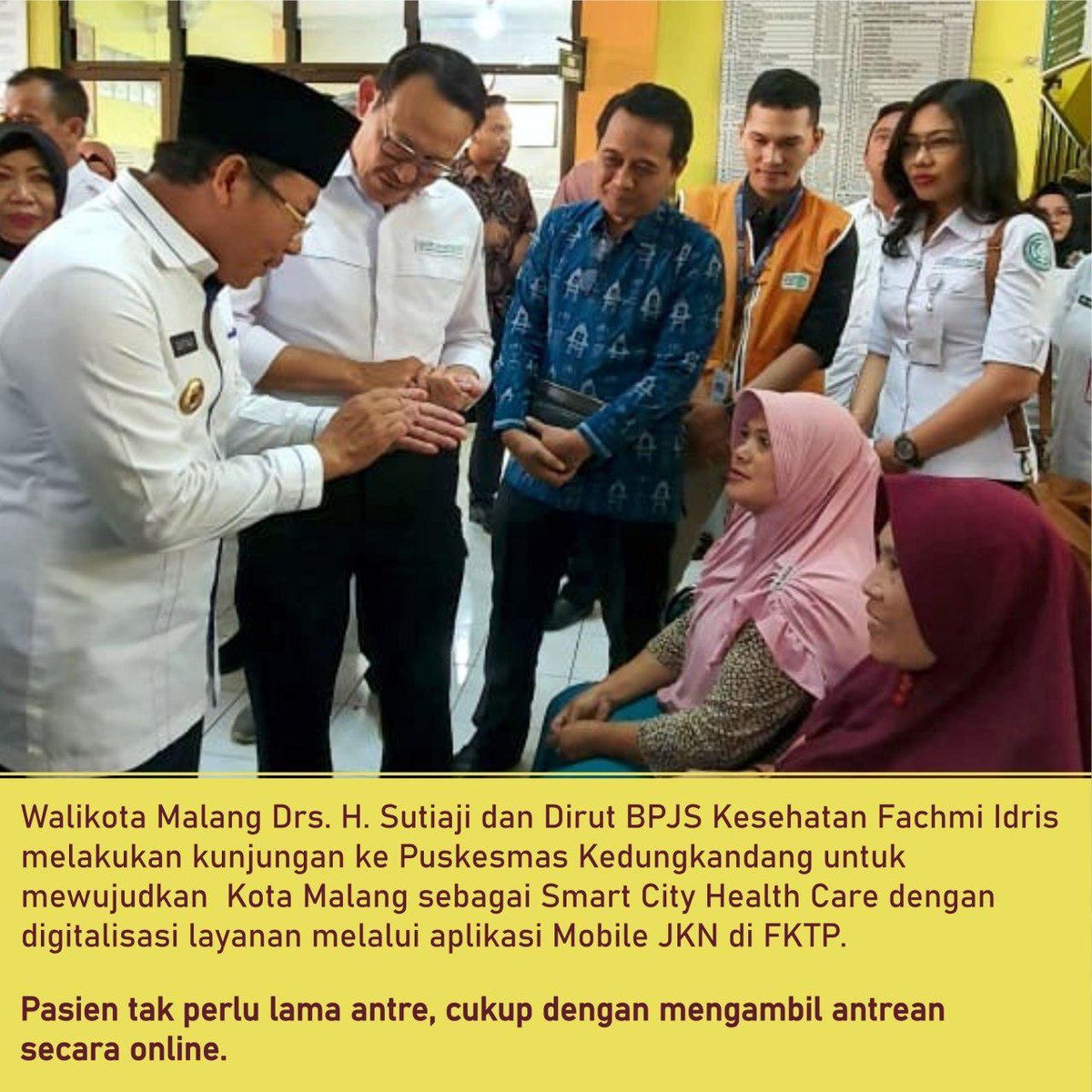 dolsir_lovegood's tweet photo. BPJS Kesehatan takes a big leap to embrace Indonesia Maju by digitizing Social Health Insurance Program thru MobileJKN app in our smartphones.

Picture: Dirut BPJS Kesehatan is visiting Kota Malang as Smart City Health Care to ensure the digitalization service. #KotaMalangXBPJS https://t.co/T4GJRETCrA