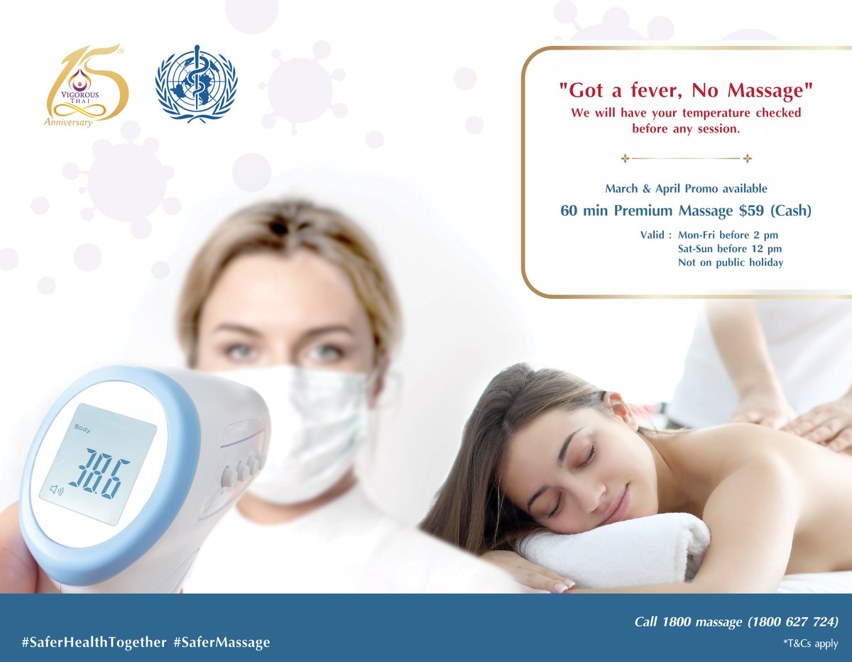 #SaferHealthTogether #SaferMassage

As COVID-19 can be transmitted by close contact during massage session, and for your health concern.

Upon entering our store, we will have your temperature checked.

We will not provide a massage if you experience
* Fever (38c or more)