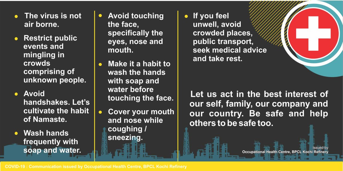 In the times of #COVID19, let us act in the best interest of our self, family, our company and our country. Be safe and help others to be safe too. Communication from the #OccupationalHealthCentre #KochiRefinery #BharatPetroleum
#SafetyFirst #SafetyMust