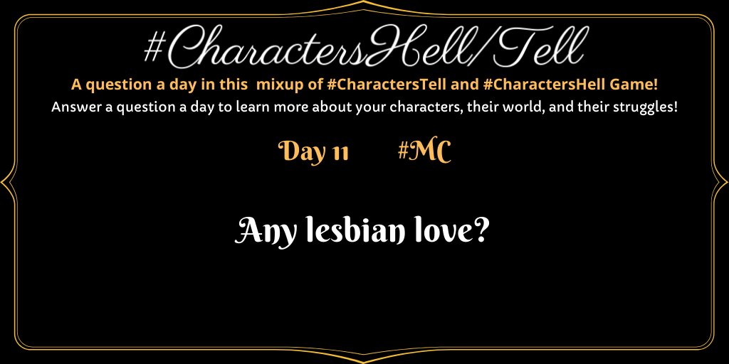 ladyofmind721's tweet photo. #CharactersHell  #CharactersTell 11

Any lesbian love?

With March celebrating women, what about love between them? Any lesbian couples in your story?

#RelationshipHellWeek #MC @characterstell https://t.co/hLj275MoUk