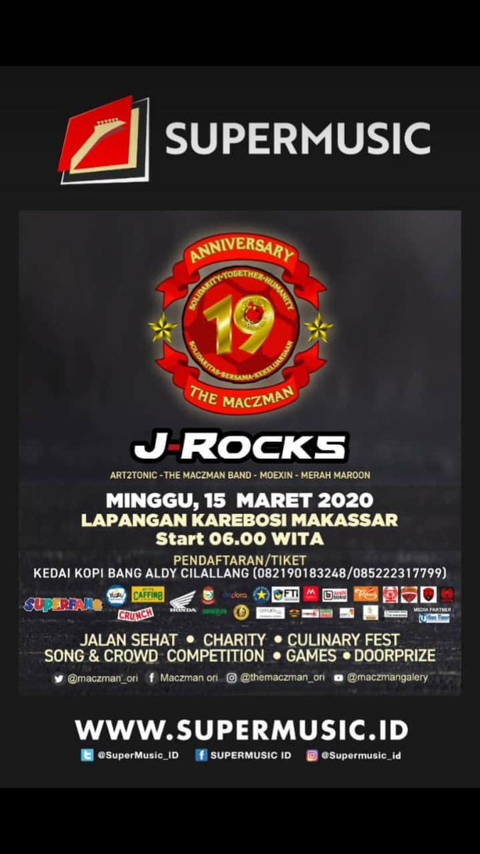 Assalamualaikum...
Selamat siang &amp; salam jabat hati

Yuk ikuti keseruan puncak acara HUT The Maczman Indonesia yang ke-19 tahun, Minggu, 15 maret 2020.

Tiket 30rb include t-shirt, snack &amp; produk sponsor.

Info tiket : 085255085110 Nain
@Maczman_Ori <a href="/InfoTakalar/">Zona Takalar</a>