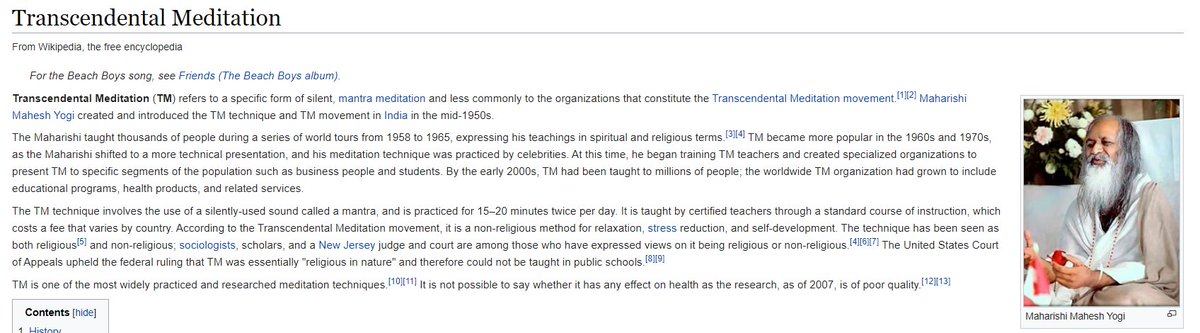 8)Transcendental Meditation (TM) refers to a specific form of silent, mantra meditation and less commonly to the organizations that constitute the Transcendental Meditation movement. Maharishi Mahesh Yogi created the TM technique and TM movement in India in the mid-1950s
