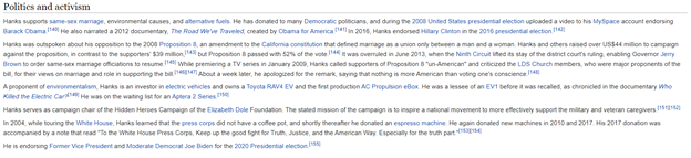 9)PoliticsTom Hanks is a leftyLGBTQ RightsMilitaryElectric CarEndorsed Creepy Uncle Joe