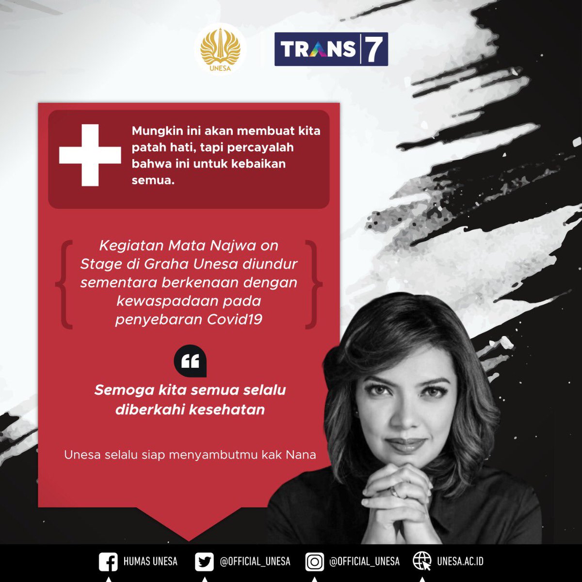 Official_UNESA's tweet photo. Mata Najwa On Stage diundur sementara berkenaan dengan kewaspadaan pada penyebaran #COVID19 di Indonesia 

Postingan ini sekaligus menjawab seluruh pertanyaan yang telah masuk di dm dan mentions twitter Official Unesa

Humas Unesa https://t.co/LfUVMwvsD8