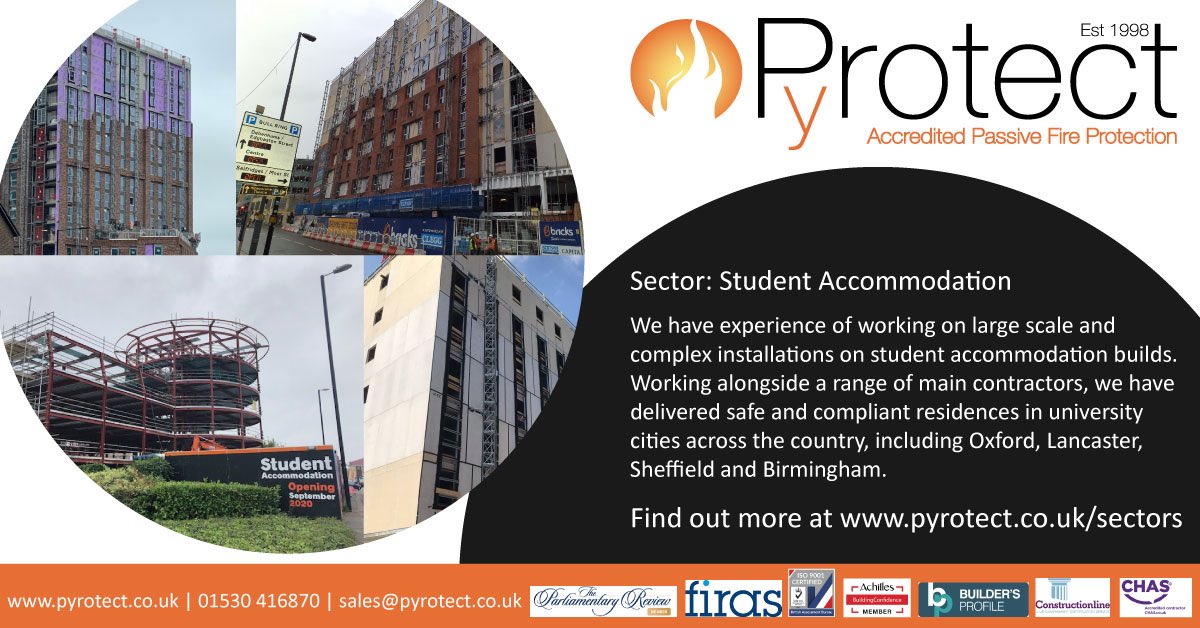 Student Accommodation 
We have experience of working on large scale and complex installations on student accommodation builds across the country
pyrotect.co.uk/sectors