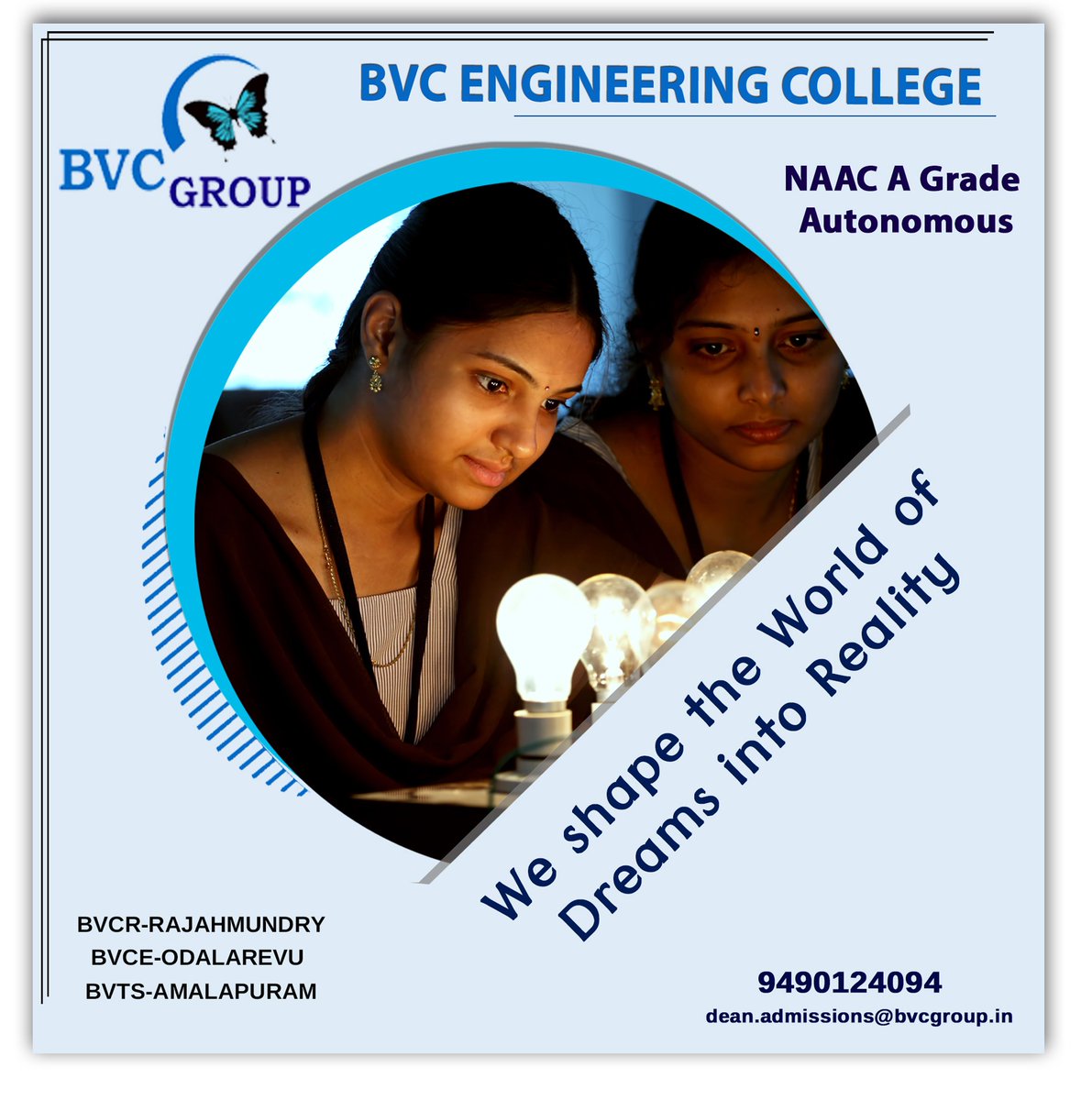 BvcColleges's tweet photo. We shape the World of Dreams into Reality.
https://t.co/5Mc75NQYJQ
#bvc #BVCGroup #Colleges #Odalarevu #Amalapuram #BVCE #Skills #Btech #college https://t.co/dlUB8BMv0N