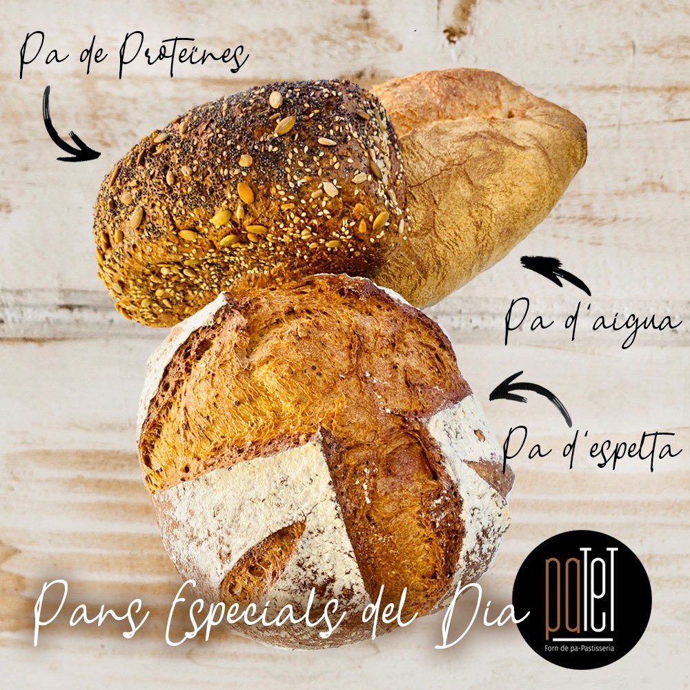 Gaudeix dels nostres pans especials d'avui i dissabte!
Amb quin et quedes? Pa d'aigua, espelta, proteïnes...etc
Tots boníssims, artesans i saludables!!!

#dimecres #mercat #padaigua #padespelta #padaigua #forndepa #pansartesans #PastisseriaPatet #Mollerussa