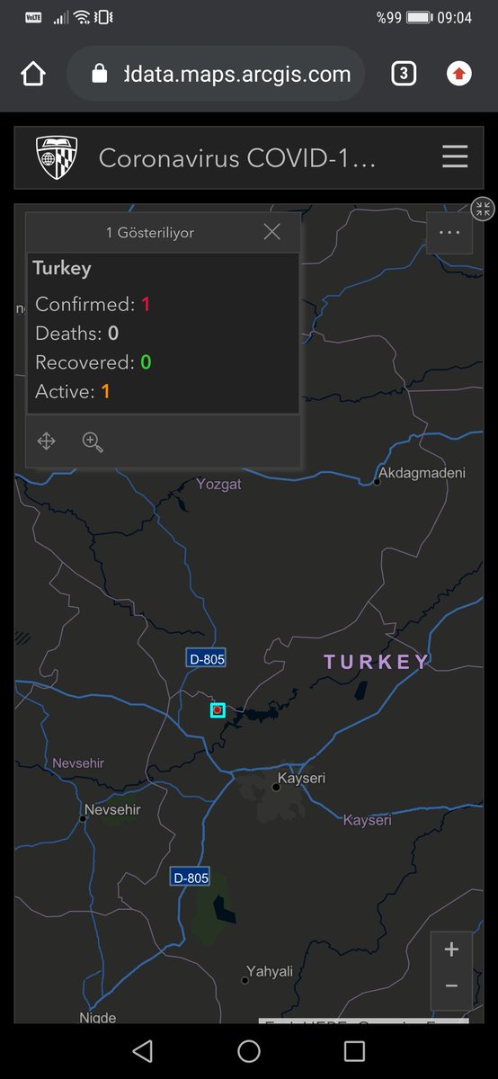 Yurtdışı kayıtlarına göre resimdeki kırmızı noktalı yer, Kayseri civarında 1 kişide  #Corona var gözüküyor şimdilik..
