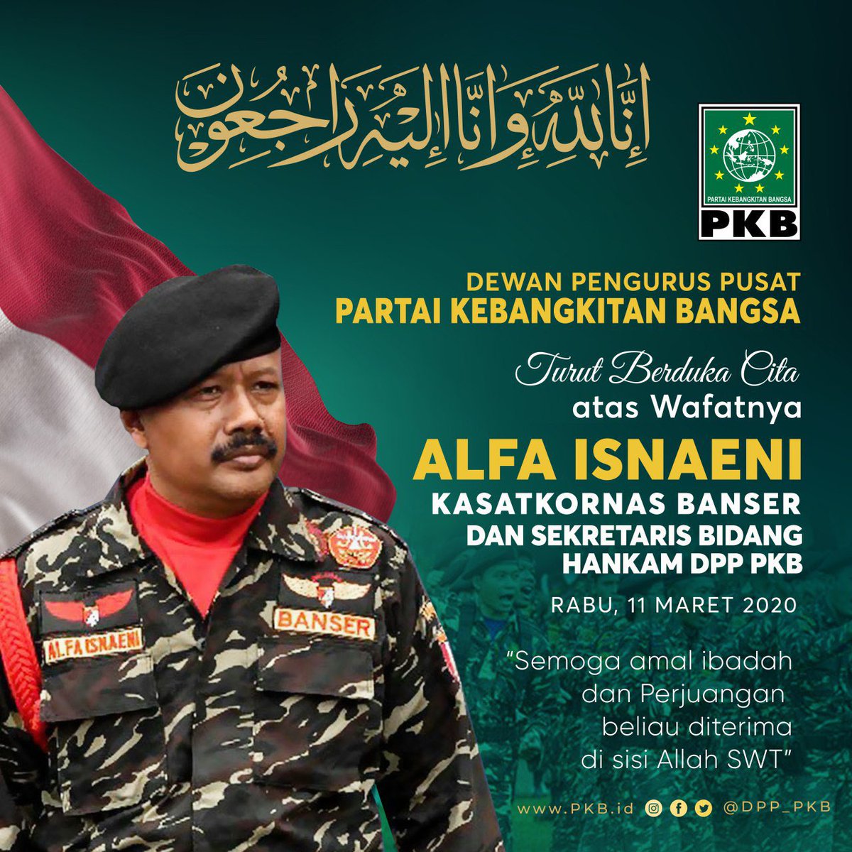 DPP_PKB's tweet photo. Semoga amal ibadah, perjuangan dan pengabdian beliau diterima di sisi Alloh SWT.. lahul fatihah. https://t.co/PbV2zGDtlt