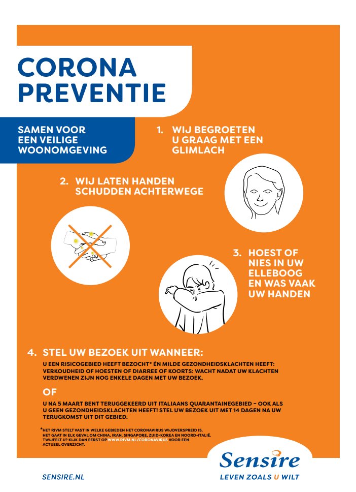 Sensire neemt maatregelen om het risico op coronabesmetting zoveel mogelijk te beperken. Op dit moment vragen we bezoekers onder bepaalde omstandigheden hun komst uit te stellen. Alle informatie voor bezoekers en leveranciers is te vinden op onze website: sensire.nl/overcorona