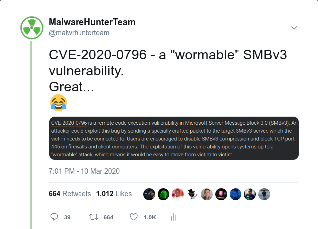 malwrhunterteam's tweet photo. Tweet about from interesting to very interesting malware/phish/etc: maybe in some days, you can get some dozens of RTs/likes.
Tweet about a vulnerability, in this case SMBGhost: 600+ RTs and 1k likes within a half day.
Okay...
😂 https://t.co/YVO6MyO9bA