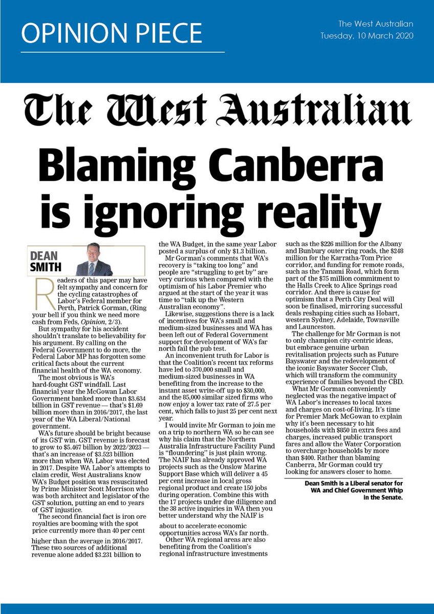 Yesterday, The West Australian published my views on why Mark McGowan should be doing a better job at managing WA’s economic prosperity - why after a GST windfall and high iron ore royalties has WA’s Labor Premier been putting up taxes and charges?