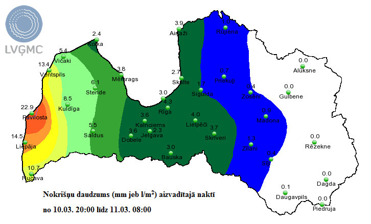 LVGMC_Meteo's tweet photo. Aizvadītajā naktī daudzviet lija, jūras piekrastē intensīvi - tur nokrišņu daudzums pārsniedza marta 2. dekādes normu, bet Pāvilostā sasniedza pusi no marta mēneša normas 🌨️
Arī diena būs lietaina! ☔️
#stiprslietus #pavasaris #marts #Ventspils #Liepāja #Pāvilosta #Rucava #Vičaki https://t.co/Ss6UYeN0XH