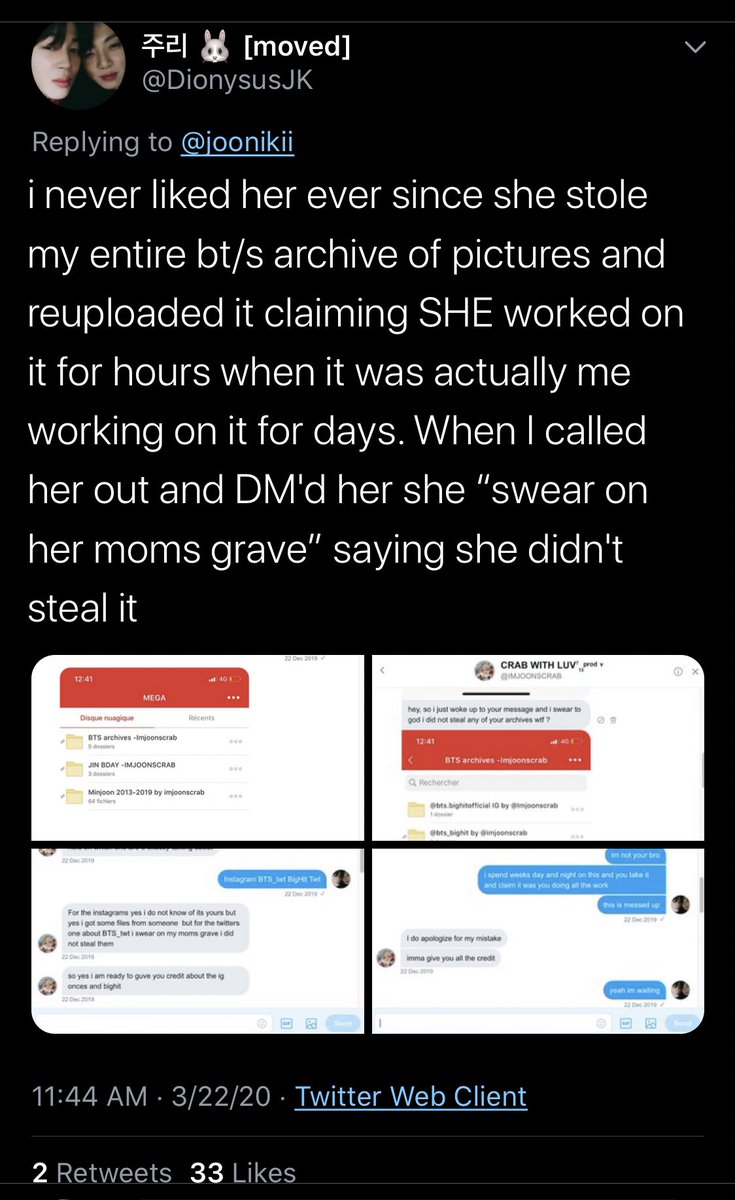 Back to the entire photo archive she stole and tried to pass off as hers, here’s her DMs with the OP lying right to them and being rude, claiming they didn’t steal it, swearing on their moms grave, and then backtracking and asking them to delete the tweets calling them out 