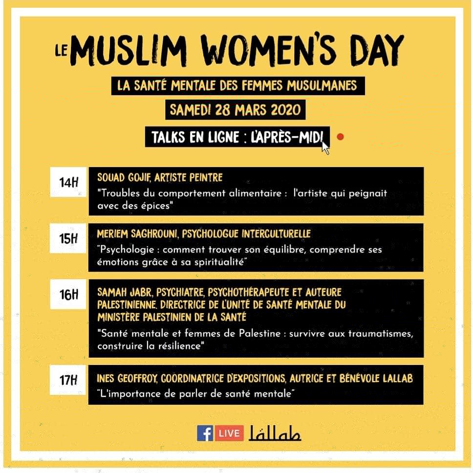 meriempsyinterc's tweet photo. @assolallab 28mars#MuslimWomensDay: la santé mentale
Psychologie:comment trouver son équilibre,comprendre ses émotions grâce à sa spiritualité
#BePositive #psychologue #temps #developpementpersonnel #equilibre #santementale #bienveillance #confinement #corona #byMeriemSaghrouni https://t.co/ABD5dhSAhC