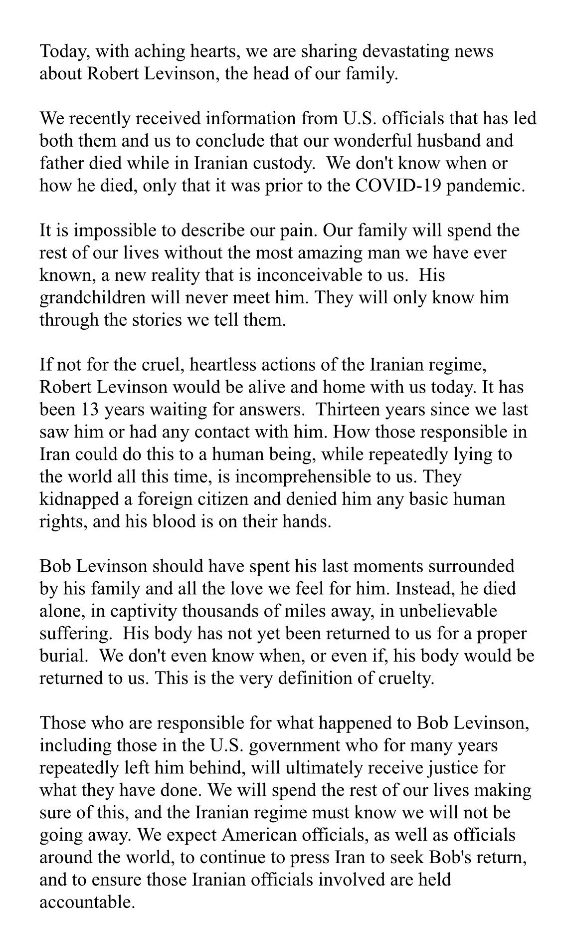 Help Bob Levinson on X: &ldquo;Statement from the Levinson Family https 