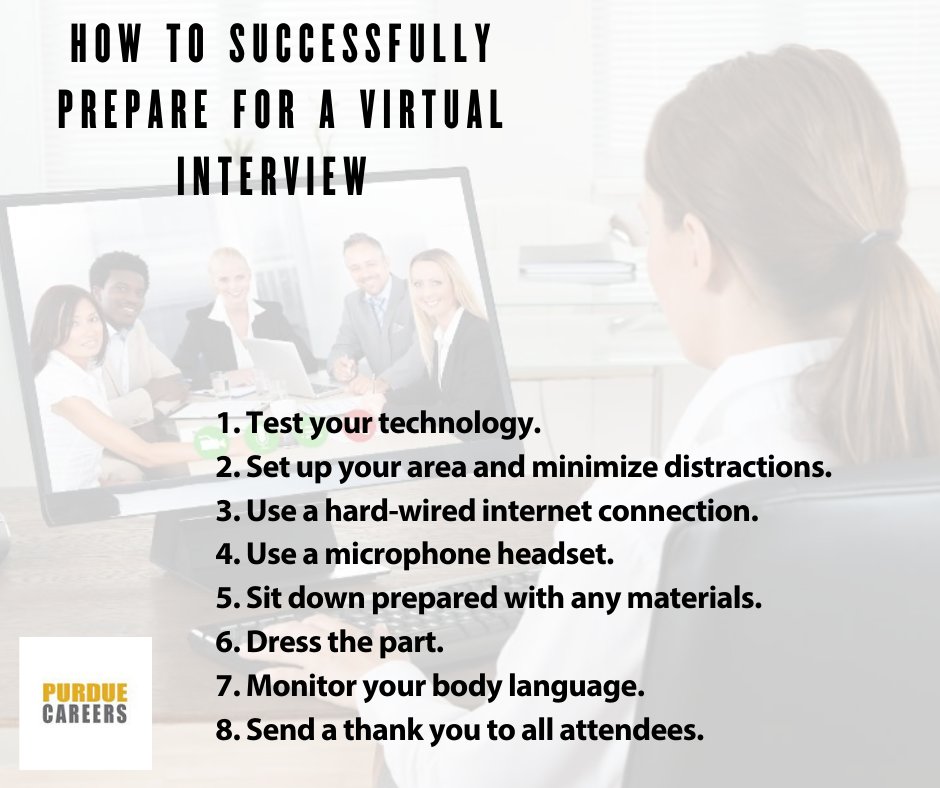 PurdueCareers's tweet image. Now, more than ever, virtual interviews are being widely used by all employers. Need help prepping? Follow these easy steps! #luvmypurduecareer #virtualinterviewtips
