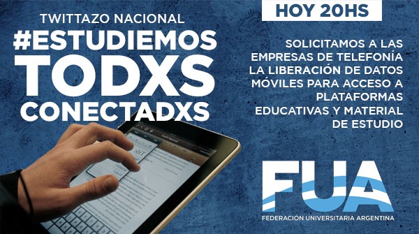 laFUA's tweet photo. Hoy nos toca quedarnos en casa🏡  

👨‍🎓 Para que esto no se interponga en nuestros sueños y los de millones de estudiantes, te convocamos a sumarte al twittazo nacional. 

#EstudiemosTodxsConectadxs

@ClaroArgentina 
@MovistarArg 
@PersonalAr 
@TuentiAR https://t.co/tsmAT8Ym9f