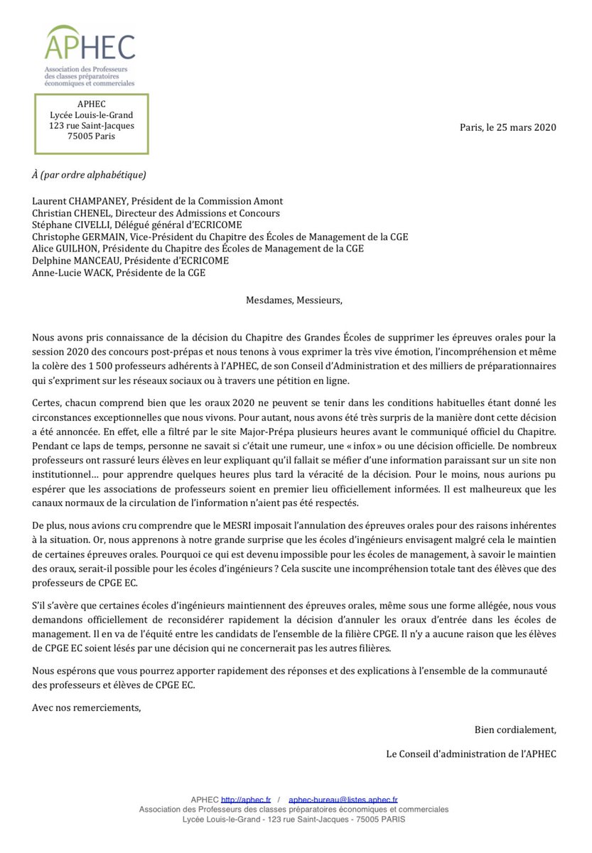 APHEC_Twit's tweet photo. Réponse de l’APHEC aux annonces désordonnées sur l’aménagement des concours et qui synthétise les réactions massives de nos collègues et étudiants. @cge @lchampaney @GuilhonAlice @ecricome @delphmanceau @AUDENCIA_DG https://t.co/KJx0MgKMB1