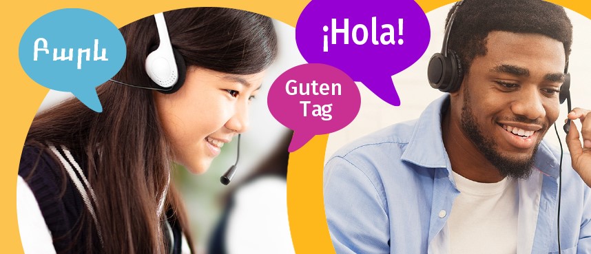 two people with headphones and thought bubbles that read hello in different languages
