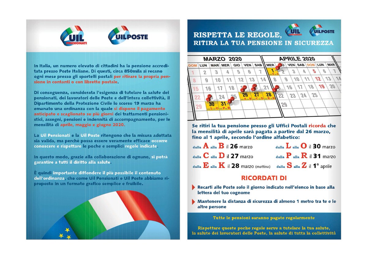 UIL_comunica's tweet photo. @UIL_comunica

📌 Tutte le Pensioni saranno pagate regolarmente.

📌 Rispettare queste poche regole serve a tutelare la tua salute, la salute dei lavoratori delle Poste, la salute di tutta la collettività. https://t.co/DNlI2xdibP