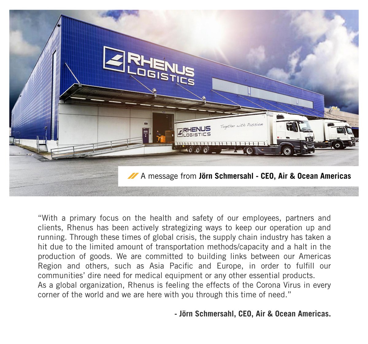 A message from Jörn Schmersahl – CEO Air &amp; Ocean Americas #RhenUs #community #TogetherWithPassion #COVID19