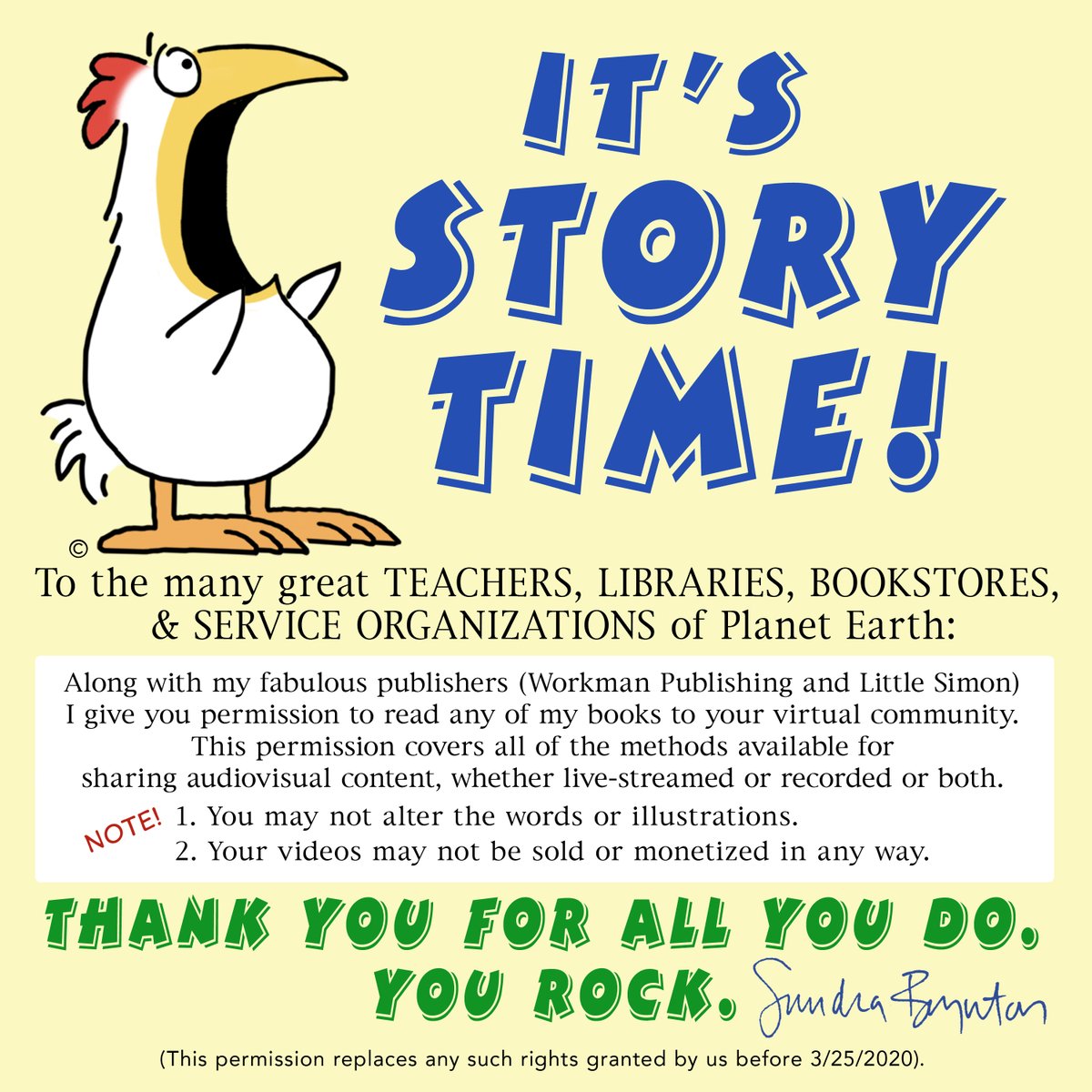 LOUD MESSAGE to all the many superb libraries, teachers, bookstores, and service organizations of the world. I'm so grateful to them all, and also to my wonderful publishers: <a href="/WorkmanPub/">Workman Publishing</a>  and <a href="/SimonKIDS/">Simon Kids</a>