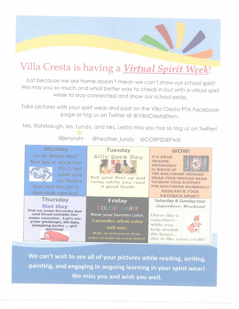 HeatherRadebau2's tweet photo. Villa Cresta Spirit day!  Quite the WOW Wednesday! @jenyrohr @heather_lundy @VillaCrestaElem https://t.co/BDKsptcKx5