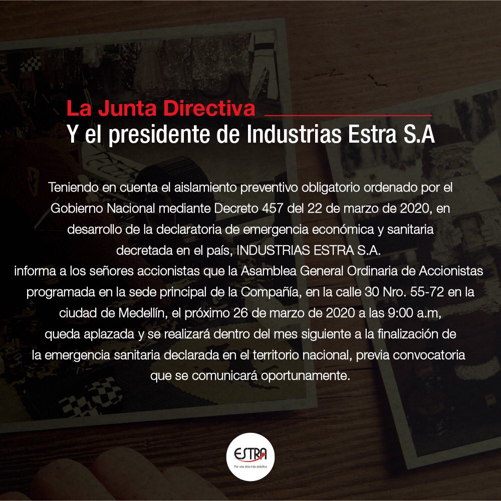 EstraSoluciones's tweet photo. Queremos informar a nuestros accionistas que la fecha de la Asamblea General se ha postergado debido a el aislamiento preventivo. 
Estaremos comunicando oportunamente la fecha en que esta se realizará. https://t.co/g4qV7Ju2Og
