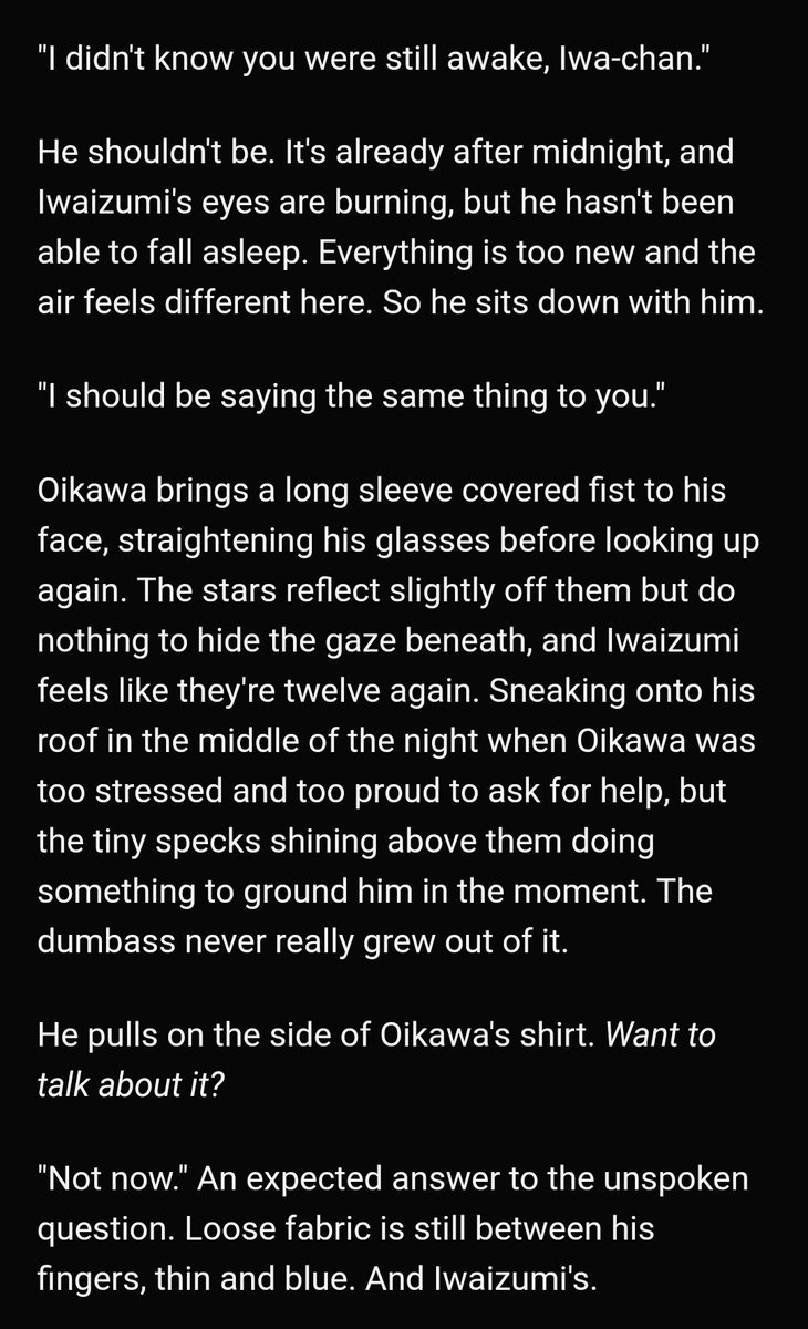 Out of nowhere by anntea https://archiveofourown.org/works/19876873 -1/1-iwao-iwa realizes he loves oikawa but it's in denial-i love their dynamic so much-so sweet-iwa loves him so much I'm crying
