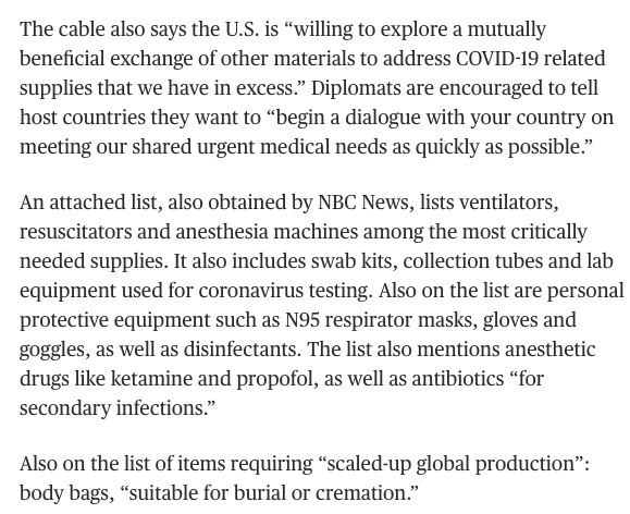 US cables embassies yesterday to emphasize that it is facing “historic surge in patients seeking care... No country can fight COVID-19 alone”. Politics of Medical airlifts from E Asia to Rest of World as explosively geopolitical as Fed's dollar swaplines.  https://www.nbcnews.com/politics/white-house/u-s-diplomats-urging-nations-ramp-ppe-production-seeking-buy-n1168421