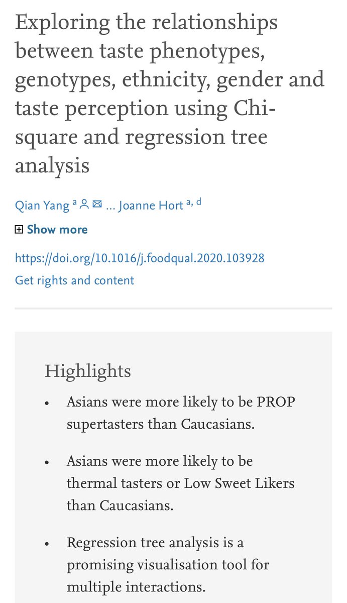 Pleased to share the newly published paper from our lab. We found that Asians are not only more likely to be supertasters, they are also more likely to be thermal tasters and low sweet likers. Check it out: authors.elsevier.com/a/1ajG%7E3O579…